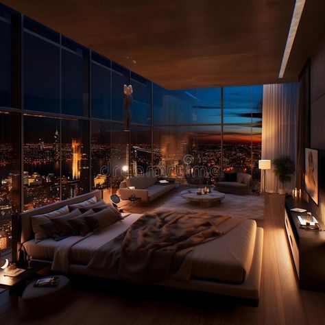 Elegant Nighttime Retreat Luxury Penthouse Bedroom. AI royalty free stock photography Luxury Penthouse Bedroom Master Suite, Luxury Penthouse Bedroom, Colorful Modern Bedroom, Penthouse Bedroom, Penthouse Suite, Luxury Modern Homes, Luxury Penthouse, Woman Bedroom, Modern Houses