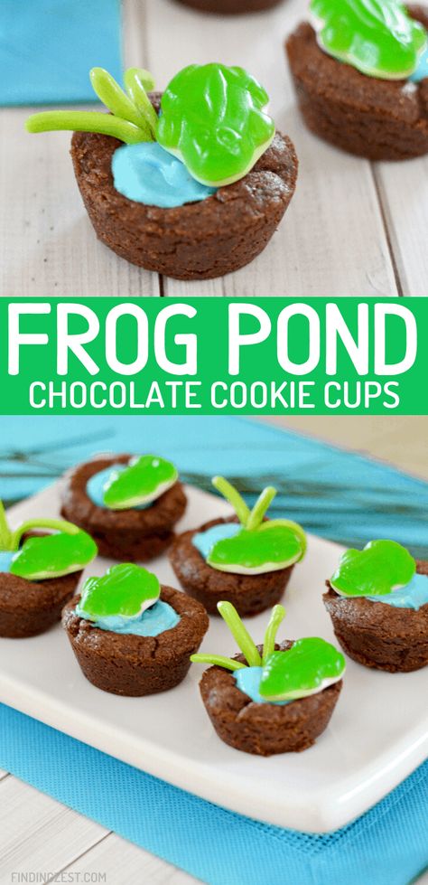 Frog cookie cups are a fun dessert for your frog birthday party, spring celebration or leap day! Leap Year Dessert, Frog Themed Desserts, Leap Day Food Ideas, Reptile Party Snacks, Frog Dessert Ideas, Leap Year Food Ideas, Leap Day Party Ideas, Frog Snacks For Kids, Jungle Vbs Snacks