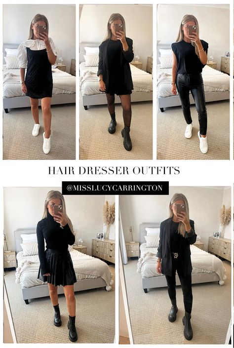 Trendy Work Fits, Cute Cosmetologist Outfits All Black, Hairdresser Fashion Outfits, Black Outfit Hairstylist, Hair Dresser Style Fashion Outfits, Makeup Artist Style Clothes, Outfits For Salon Work, All Black Hairdresser Outfits, Hairstylist Wardrobe Style