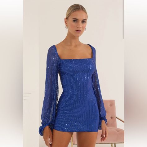 Long Sleeve Hoco Dress, Long Sleeve Sparkly Dress, Dress With Flared Sleeves, Blue Sparkly Dress, Easter Dresses For Toddlers, Semi Dresses, Cute Formal Dresses, Cute Homecoming Dresses, Winter Formal Dresses