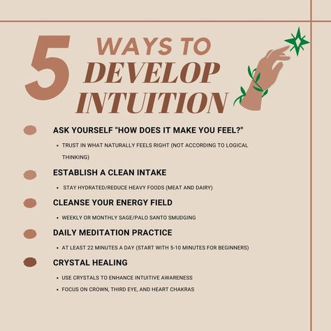 5 WAYS TO DEVELOP YOUR INTUITION! INCLUDES DAILY MEDITATION PRACTICES, A HEALTHY INTAKE OF PLANT BASED FOODS, ENERGY CLEANSING WITH SAGE AND PALO SANTO, CRYSTAL HEALING THROUGH CROWN CHAKRA, THIRD EYE CHAKRA AND HEART CHAKRA ENERGY WORK AND MOST IMPORTANTLY AN AWAKENED AWARENESS OF YOUR AUTHENTIC SELF! Plant Based Foods, Sage And Palo Santo, Energy Cleansing, Chakra Energy, Energy Cleanse, Daily Meditation, Energy Work, Logical Thinking, Meditation Practices