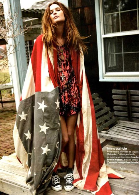 Happy Flag Day! Here Are 10 Fashion Editorials Featuring American Flags: Texan Erin Wasson shows her Americana roots for this Elle France shoot by Fred Meylan. American Flag, A Woman, Porch, Flag