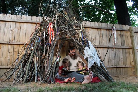 Spend an afternoon creating a stick fort with your kids. This “super secret hideout” is super easy and fun. My boys love to build. Especially my 4 year old. From awesome Lego spaceships to elaborate block castles, he loves to connect, stack, and balance objects. He is a mini-engineer. His 2-year-old brother also loves to build… Continue reading » Diy Stick Fort Outdoor, Stick Forts Outside, Stick Fort, Build A Teepee, Backyard Teepee, Make A Teepee, Wooded Backyard, Outdoor Forts, Teepee Trellis