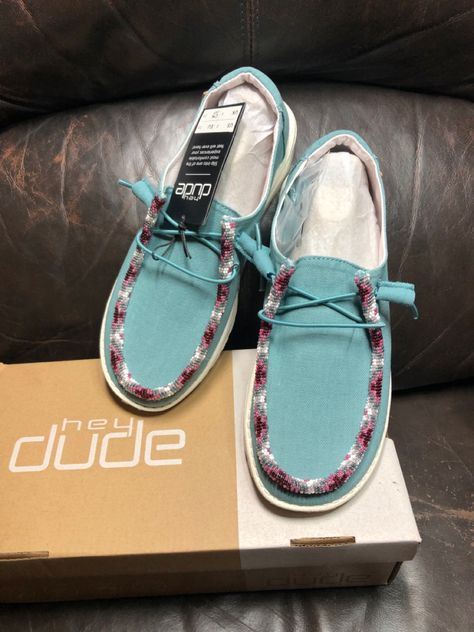 Size 8 Wendy Chambray Aqua Hey Dude Shoes with size 11.0 seed beads in a unique pattern. Buy this pair for $140 or preorder a pair customized to your favorite colors! Hey Dude Shoes, Hey Dudes, Hey Dude, Apple Pay, Bead Crafts, Unique Patterns, Chambray, Boat Shoes, Favorite Color