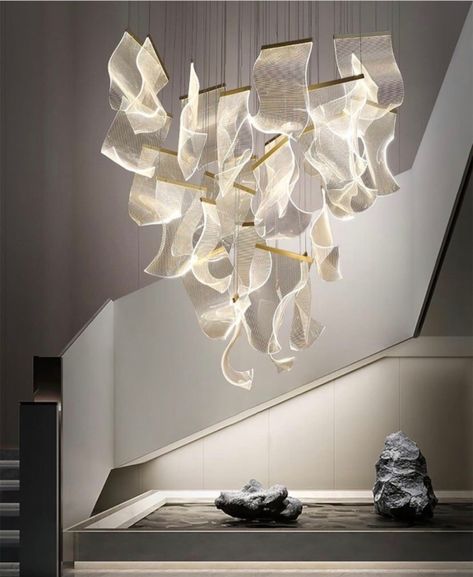 Living Room Luxury Modern, Large Staircase, Staircase Pendant Lighting, Living Room Staircase, Contemporary Lighting Design, Chandelier For Living Room, Staircase Chandelier, Acrylic Led, Hanging Lamps