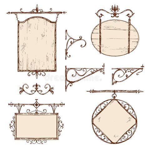 Vector hand drawn collection of vintage signboards, bracket and. Decorations. Sketchy engraving style of illustration. Isolated old town set vector illustration Drawing Objects, Doodle Background, Vector Hand, Colonial Style, Vintage Illustration, Old Town, Printmaking, Iran, Vintage Collection