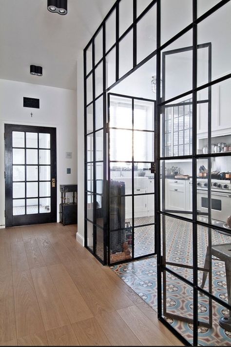 Glass enclosed kitchen Kitchen And Dining Room, Black Windows, Ideas Casa, Tile Flooring, Design Del Prodotto, Glass Doors, Studio Apartment, 인테리어 디자인, My Dream Home