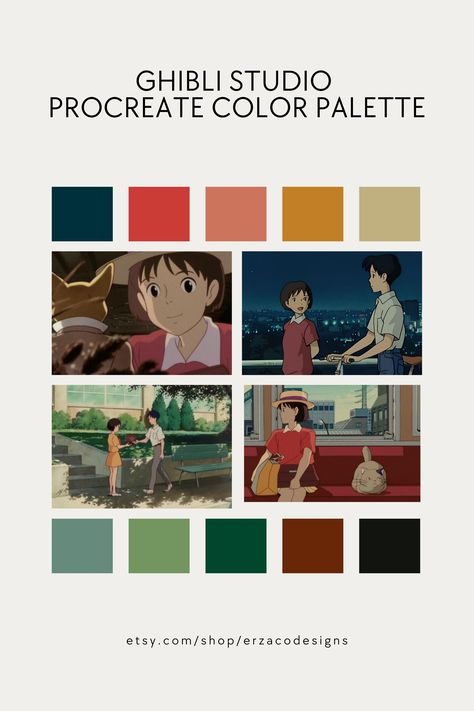 🎨✨ Inspired by the enchanting world of Studio Ghibli, this color palette offers a mesmerizing range of shades to bring your digital art to life. 🌈🎥 Elevate your illustrations, character designs, and digital paintings with these carefully curated colors. 🖌️💫 Whether you're a professional artist or a passionate hobbyist, this Procreate color palette is a must-have for adding depth and vibrancy to your artwork. 🌟🎨 Don't miss out, grab this Procreate color palette now! Studio Color Palette, Movie Color Palette, Procreate Color Palette, Christmas Color Palette, Cinema Colours, Ghibli Studio, Concept Art Tutorial, Color Schemes Colour Palettes, Studio Color