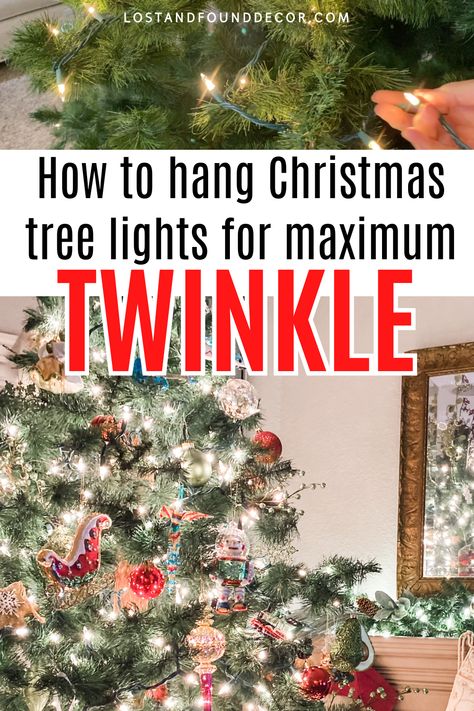 Multi Colored Tree Lights, Curtain Lights On Christmas Tree, How To Decorate Hanging Lights For Christmas, How Many Lights For 7ft Tree, How To Hang Christmas Lights On Tree, Christmas Tree Hacks Tips, Stringing Lights On A Christmas Tree, How To String Christmas Lights On Tree, How To Add Lights To Christmas Tree