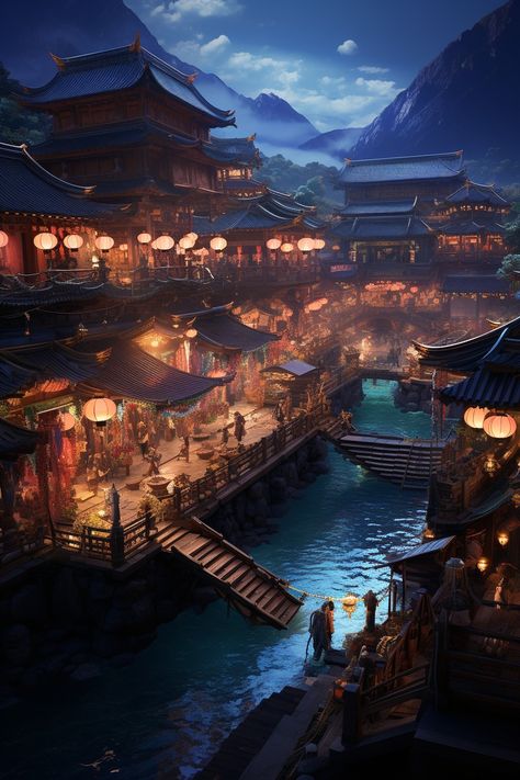 Asian Fantasy City, China Town Art, Chinese Library, Fantasy Japan, Medieval Japanese, Japanese Village, Fantasy Town, Dreamy Artwork, Landscape Concept