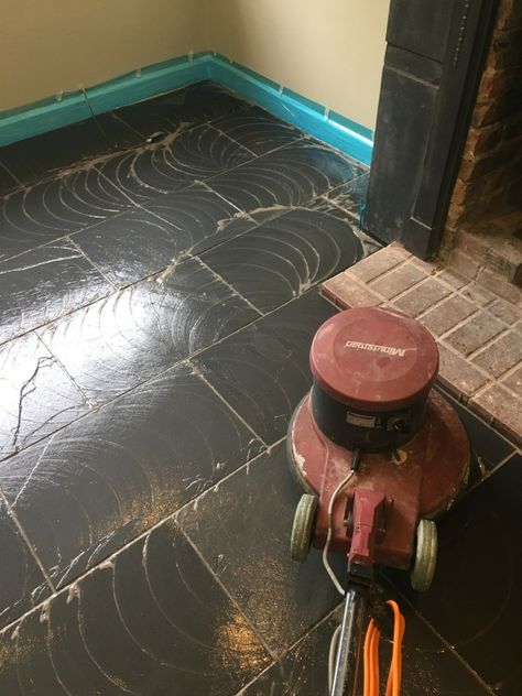 Black Slate Tiled Floor During Cleaning Bexhill Painting Slate Tile Floors, Tiled Living Room, Black Slate Floor, Black Slate Tiles, Slate Floors, Slate Floor, Slate Tile Floor, Floor Restoration, Property Owner