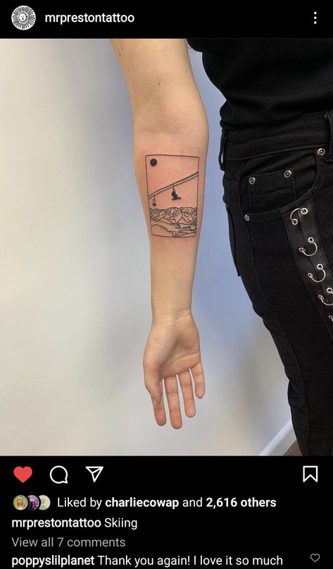 Skier Tattoo Ideas, Chairlift Tattoo, Ski Lift Tattoo, Skier Tattoo, Skiing Tattoo Ideas, Skiing Tattoos, Snowboarding Tattoo, Snowboard Tattoo, Skiing Tattoo