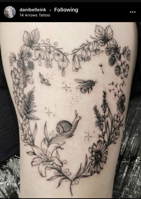 Mushroom Catapillar Tattoo, Garden Bugs Tattoo, Fairy In Garden Tattoo, Trippy Forest Tattoo, Fairy Garden Tattoos For Women, Secret Garden Tattoo Sleeve, Whimsical Vine Tattoo, Mushroom Fairy Circle Tattoo, Mushroom Circle Tattoo Knee