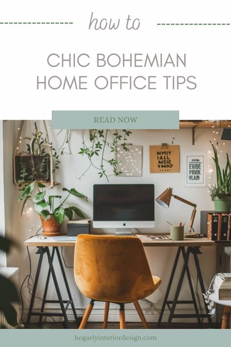 Stylish pin showcasing tips for a cozy bohemian home office, ideal for boosting creativity and productivity using unique decor and personal touches. Small Boho Office Ideas, Eclectic Home Office Ideas, Boho Therapy Office, Home Office Boho Chic, Boho Office Space Workspaces, Boho Chic Office, Bohemian Home Office, Dining Room Colour Schemes, Office Tips