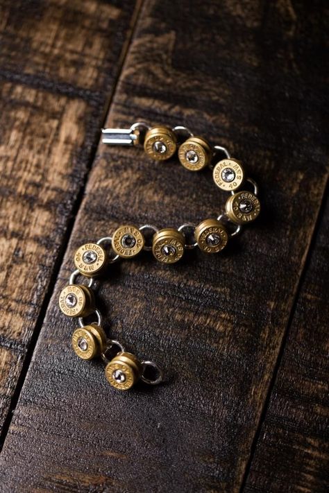 Pistol Packin' Link Bullet Bracelet | Southern Roots | Bourbon & Boots Bourbon And Boots, Bullet Casing Jewelry, Bullet Crafts, Rustic Home Decor Ideas, Cowgirl Bling, Dream Fashion, Bullet Casing, Bullet Jewelry, Western Jewelry