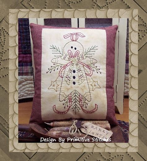 Larger Image Primitive Embroidery Patterns, Primitive Stitchery Patterns, Primitive Embroidery, Primitive Stitchery, Primitive Design, Gingerbread Ornaments, Redwork Embroidery, Felt Embroidery, Primitive Crafts