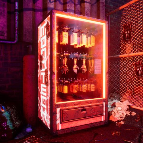 Cyberpunk Laundromat, Neon Vending Machine, Cyberpunk Convenience Store, Cyberpunk Food Stall, Cyberpunk Party Ideas, Cyberpunk Set Design, Cool Vending Machines, Cyberpunk Vending Machine, Aesthetic Vending Machine