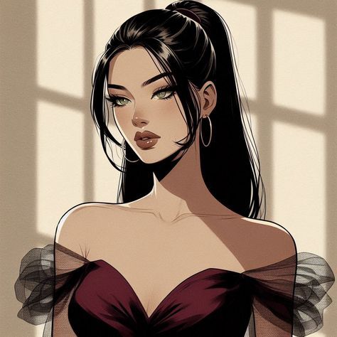 Rich Lady Character Design, Dark Fem Pfp, Dark Haired Female Characters, Brown Hair Profile Picture, Mafia Aesthetics Women, Character Female Art, Character Art Female Brunette, Brunette Drawing, Hair Profile Picture