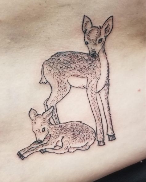 Deer And Fawn Tattoo, Simple Deer Tattoo, Lola Tattoo, Baby Deer Tattoo, Fawn Tattoo, Tattoo Deer, Lil Tattoos, Tattoo Therapy, Collar Tattoo