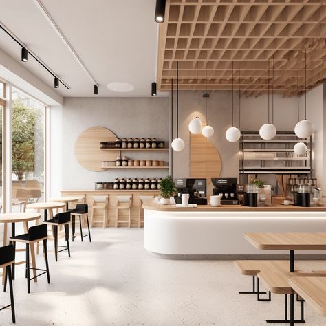 Scandinavian Style Coffee Shop, Scandi Cafe Interior, Minimalistic Cafe Interior, Simple Coffee Shop Design, Scandinavian Cafe Interior, Japandi Cafe, Bakery Aesthetic Interior, Minimal Cafe Design, Cafe Counter Design