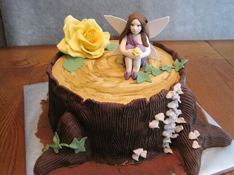 Woodland Fairy Cake, Woodland Birthday Cake, Tree Stump Cake, Fairy Birthday Cake, Tinkerbell Cake, Fairy Theme Party, Icing Decorations, Fairy Garden Birthday Party, Woodland Cake