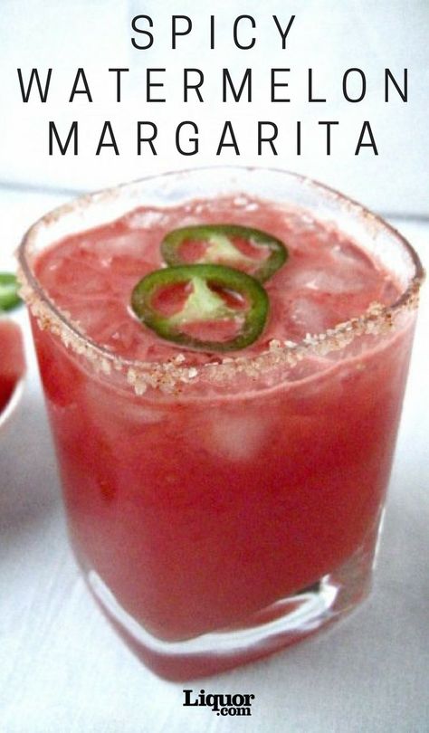 Watermelon and tequila are classic combo. Refreshing fruit with the spicy bite of liquor pair perfectly in this variation on the fan favorite margarita! Spicy Watermelon Margarita, Spicy Watermelon, Spicy Drinks, Watermelon Margarita, Tequila Drinks, Boozy Drinks, Tequila Cocktails, Alcohol Drink Recipes, Drinks Alcohol Recipes