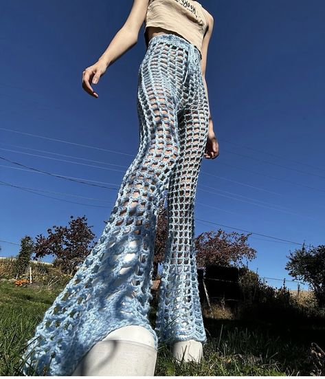 Crochet Mesh Flare Pants, Mesh Bell Bottoms, Crochet Bell Bottoms Pattern, Crochet Flare Pants Pattern, Mesh Crochet Projects, Crochet Mesh Pants Pattern, Crochet Patterns Pants, Crochet Mesh Pants Pattern Free, Crochet Bell Bottoms Free Pattern