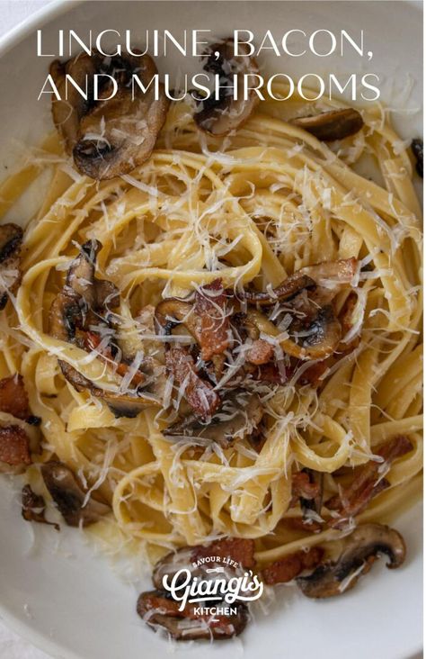 Linguine, Bacon, and Mushrooms Shrimp Bacon Linguine Recipe, Mushroom Linguine Recipes, Bacon And Mushroom Pasta, Mushroom Linguine, Busy Night Dinner, Bacon Mushroom Pasta, Bacon And Mushroom, Bacon Sauce, Bacon Mushroom