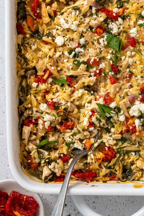 Greek Rice Bake, Greek Chicken Orzo Bake, Take And Bake Meals Families, Greek Chicken Orzo Bowl, Mediterranean Casserole Recipes, Shredded Chicken Casserole Recipes, Greek Chicken Casserole, High Protein Casserole Recipes, Mediterranean Casserole