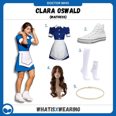 Dress like Clara Oswald in her classic waitress outfit with our step-by-step cosplay guide for women! Clara Oswald Clothes, Clara Oswald Cosplay, Waitress Costume, Doctor Who Outfits, Waitress Outfit, Doctor Who Cosplay, Doctor Who Costumes, Green Polka Dot Dress, White High Top Converse