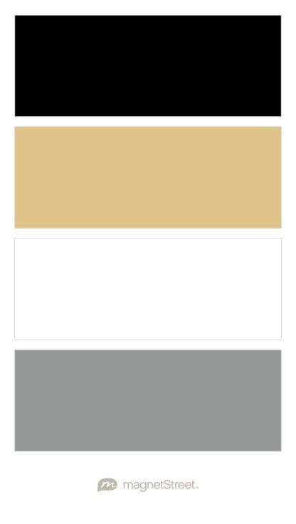 Black, Matte Gold, White, and Gray Wedding Color Palette - custom color palette created at MagnetStreet.com Black White Gold Color Scheme, White And Gold Color Pallete, Grey And Gold Palette, Black White Gray Gold Color Palette, Black White Grey Gold Color Palette, Black White And Gold Color Palette, Black Gold White Color Palette, Gray Black White Color Palette, Black White Gold Color Palette