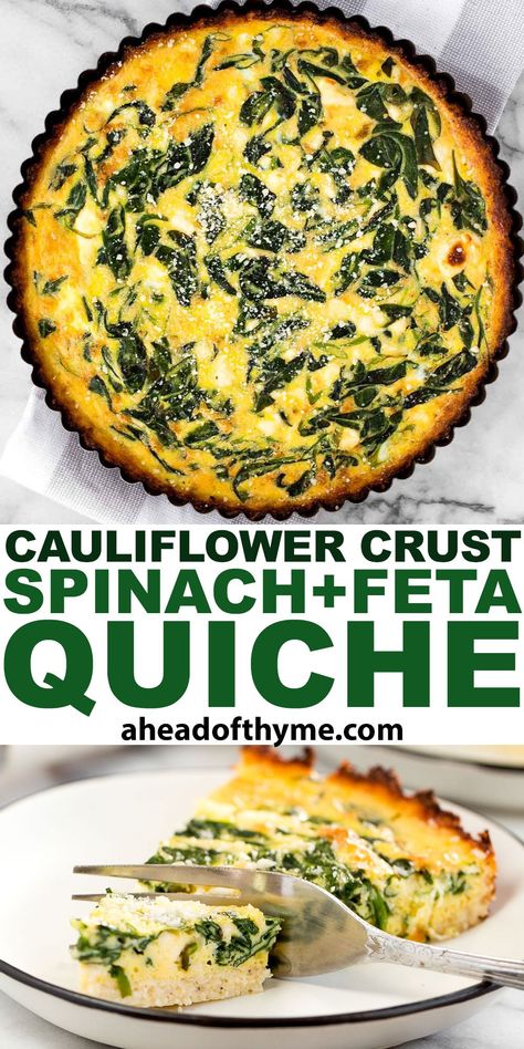 Spinach and Feta Quiche with Cauliflower Crust Healthy Quiche Crust, Spinach Dishes, Spinach And Feta Quiche, Spinach Feta Quiche, Healthy Quiche, Veggie Christmas, Feta Quiche, Easter Sides, Brunch Spread