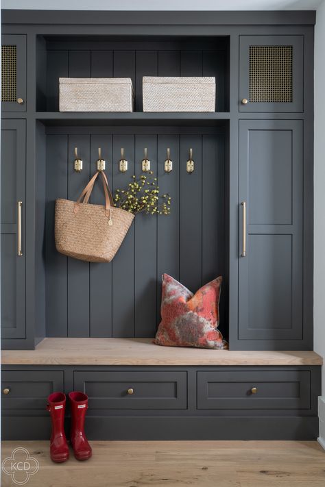 Davies Street - Kelly Caron Designs Mud Room Cabinets Ideas, Blue Mudroom Cabinets, Big Mudroom, Mudroom Blue, Entry Mudroom Ideas, Mudroom Colors, Mud Room Closet Ideas, Shiplap Mudroom, Blue Mudroom