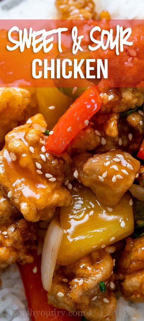 Crispy Sweet and Sour Chicken recipe with a tasty homemade sauce and crisp veggies and fresh pineapple! My family LOVED this one over steamed rice! Sweet And Sour Chicken Recipe, Sour Chicken Recipe, Sweet And Sour Recipes, Pastry Dishes, Chicken Receipes, Asian Meals, Sweet And Sour Chicken, Sour Foods, Sweet Sour Chicken