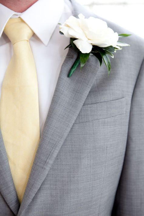 men's attire. gardenia boutonniere. Grey And Yellow Groomsmen, Pale Yellow Weddings, Gray Wedding Colors, Yellow Wedding Theme, Groomsmen Grey, Yellow Tie, Wedding Color Inspiration, Pastel Wedding, Gray Weddings