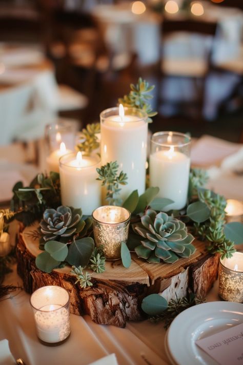 For a cozy, natural feel, rustic wedding centerpieces use elements like wood, burlap, and mason jars. See more ideas here. Sage Green And Rust Wedding Centerpieces, Fall Wedding Flowers October Centerpiece Ideas, Rustic November Wedding Ideas, Rustic Formal Wedding, Wedding Decor Boho Rustic, Desert Wedding Ideas Decor, Rustic Modern Wedding Ideas, Dessert Centerpieces Wedding, Greenery And Candles Wedding Centerpiece