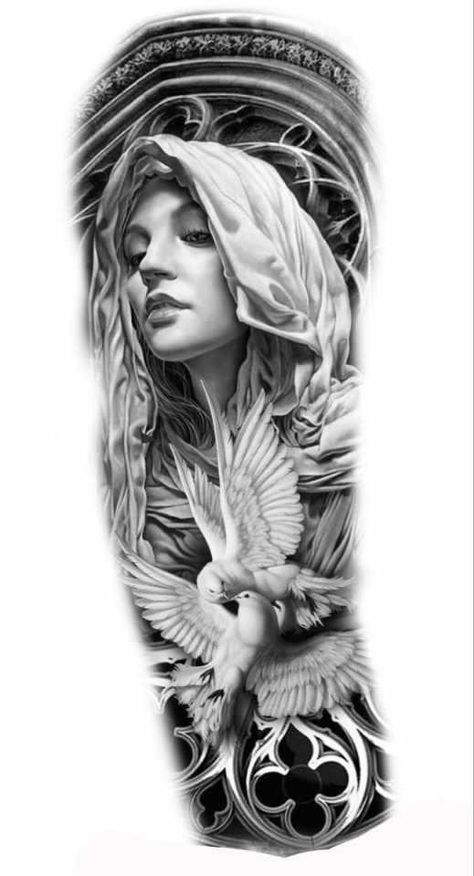 Jesus Tattoo Sleeve, Mother Mary Tattoos, Saint Tattoo, Shoulder And Arm Tattoo, Black Men Tattoos, Biblical Tattoos, Magic Runes, Christ Tattoo, Full Leg Tattoos