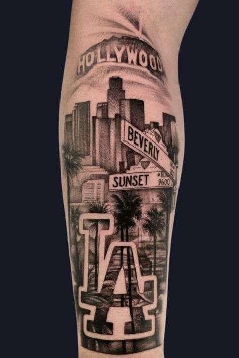 "Explore tattoo ideas with these 12 LA Tattoos that capture the spirit and style of Los Angeles in unique ways." Los Angeles City Tattoo, La Tattoo Design, City Tattoo Design, Explore Tattoo Ideas, La Tattoo, Explore Tattoo, City Tattoo, Los Angeles City, Unique Tattoo