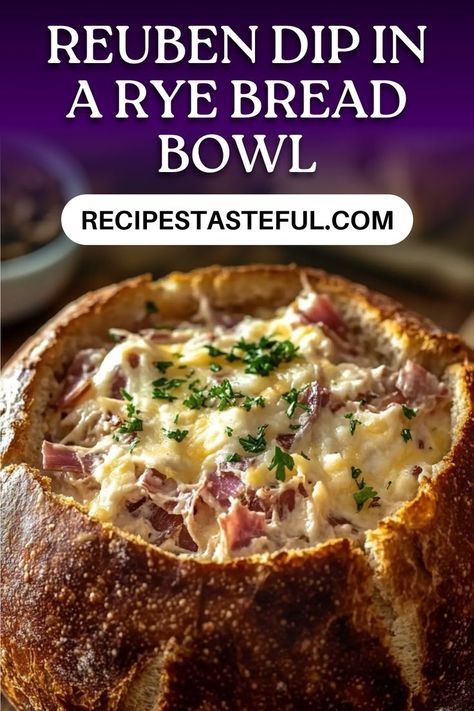 A delicious and hearty dip featuring classic Reuben flavors, served in a warm, hollowed-out rye bread bowl. Perfect for parties or game day, this dip is creamy, cheesy, and bursting with flavor. Reuben Dip Recipe, Bread Bowl Dip, Reuben Dip, Bread Bowl Recipe, Cheesy Dip, Bread Dip, Bread Bowl, Rye Bread, Quick Weeknight Meals