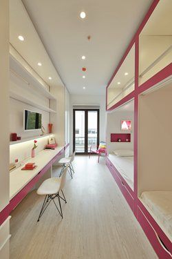 Konforsit Edu.Suites girls dormitory | Renda Helin design&interiors Doorm Room, Boarding School Dorm, Student Hotels, Ground School, Classroom Interior, Dormitory Room, Hostels Design, Hostel Room, Luxury Mansions