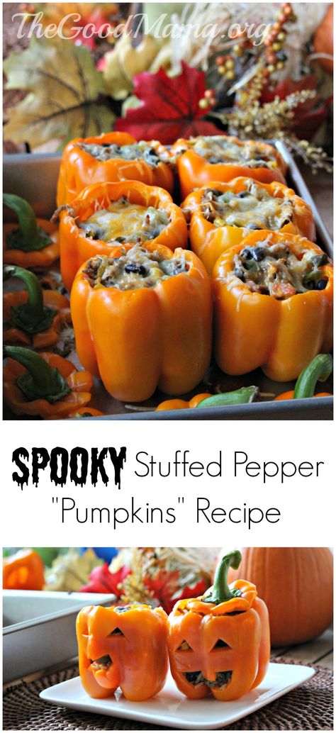 Spooky Stuffed Peppers Pumpkins Recipe Halloween Stuffed Peppers Vegetarian, Shredded Chicken & Rice Stuffed Peppers (halloween Style), Stuffed Bell Pepper Jack O Lantern, Bell Pepper Recipes Stuffed Halloween, Stuffed Pepper Pumpkins, Stuffed Jackolantern Peppers, Stuffed Bell Pepper Pumpkins, Stuffed Bell Peppers Pumpkin, Jackolantern Bell Peppers