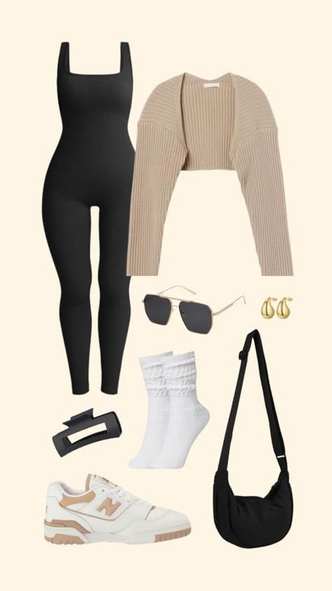 Cardigan Jumpsuit Outfit, Sweater Jumpsuit Outfit, Outfits With Slouch Socks, Slouch Socks Outfit Sneakers, Slouch Socks With Sneakers, Jumpsuit And Cardigan Outfits, Black Bodysuit Outfit Ideas, Jumpsuit Outfit With Cardigan, Black New Balance Outfit