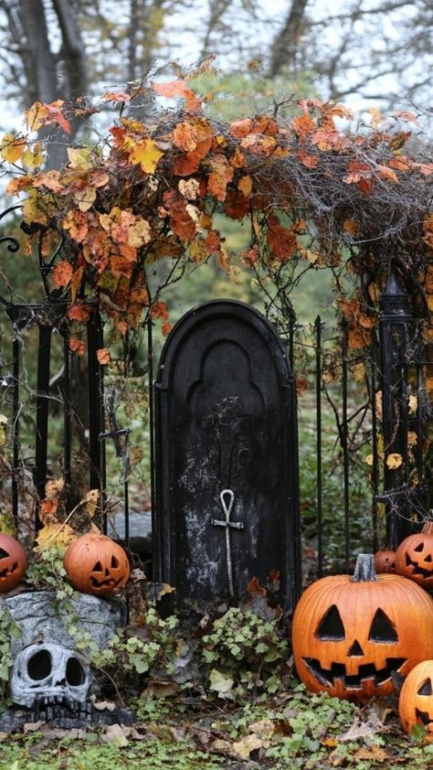 Craft a Halloween graveyard that's equal parts spooky and stylish! Use a monochromatic color scheme with shades of gray, black, and white for a sophisticated look. Create elegant tombstones with ornate designs, add Victorian-inspired lanterns, and incorporate vintage-looking photos of ghostly figures. Don't forget to add some eerie music to complete the ambiance. Your Halloween graveyard will be a hauntingly beautiful addition to your outdoor decor. Halloween Lanterns Outdoor, Victorian Halloween Decorations Outdoor, Spooky Cemetery Graveyards, Haunted Cemetery Halloween, New Orleans Graveyard, Spooky Garden Halloween, Gothic Yard, Graveyard Halloween Yard, Victorian Halloween Decorations