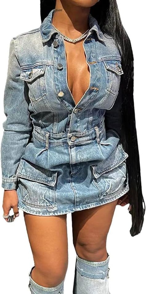 TACSTRUN Women's Sexy Bodycon Denim Dress Long Sleeve Button Down Distressed Washed Jean Dress,Blue,XXL at Amazon Women’s Clothing store Long Sleeve Denim Dress, Jean Dress, Dress Long Sleeve, Amazon Women, Dress Blue, Dress Long, Jeans Dress, Fitted Dress, Jeans Fit