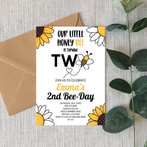 $2.93 | Bumble Bee Sunflowers Second 2nd Birthday Party - bumble bee, sunflower daisy flowers, yellow black and white, bee-day honey bee, birthday party, invitation invite, cute girl girly, bee day b-day bday, second 2nd 2 two, custom template Beeday Party, Honey Bee Birthday Party, Honey Bee Birthday, Bee Birthday Theme, Sunflower Birthday Parties, 1st Bee Day, Bee Sunflower, Bumble Bee Birthday, 2 Birthday Party