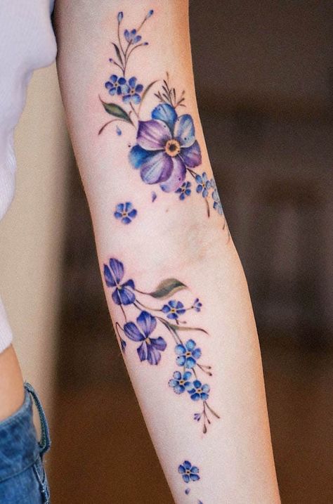 Violet Flower Tattoos, Flower Vine Tattoos, February Birth Flower, Violet Tattoo, Around Arm Tattoo, February Birth Flowers, Vine Tattoos, Floral Tattoo Sleeve, Birth Flower Tattoos