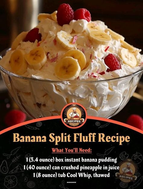 Senior Meals, Instant Banana Pudding, Banana Split Dessert, Fluff Recipe, Trifle Pudding, Fluff Desserts, Delicious Deserts, Trifle Desserts, Jello Recipes