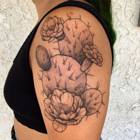 Back Of Thigh Tattoo, Desert Tattoo, Bloom Tattoo, All Black Tattoos, Cactus Tattoo, Western Tattoos, Pear Cactus, Red Tattoos, Prickly Pear Cactus