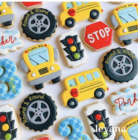 School Bus 3rd Birthday Party, School Bus 2nd Birthday, Wheels On Bus Birthday Party, Wheels On The Bus Cookies, School Bus Birthday Party Ideas, Bus Party Ideas Birthdays, School Bus Cookies Decorated, Wheels On The Bus Themed Birthday Party, School Bus Party Theme