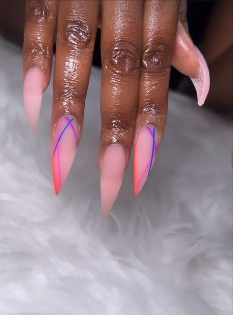 Ombre Different Color Nails, Purple Design Nails Acrylic, Vibrant Nails Almond, Sassy Nails Almond, Long Almond Pink Nails, Matte Almond Nails Design, Long Pink Almond Nails, Long Almond Nails Designs Summer, Sheer Pink Almond Nails